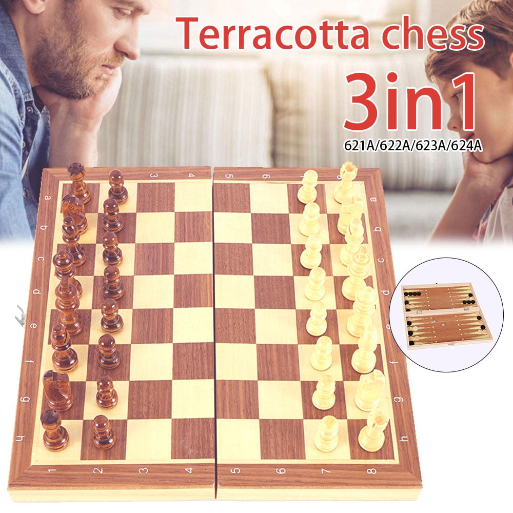 3in1 Folding Wooden Chess Set Board Game Checkers Backgammon Draughts Large Toys 