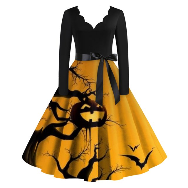 Women's Vintage Classic Dress Neck Waist Bow Tie Long Sleeves Halloween Print V Neck Swing Dress