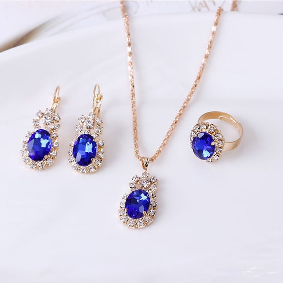 Zhuge Conjunto de joyas de diamantes de imitación con forma de gota de agua a la moda, collar con colgante de gota de agua retro, pendientes de botón, conjunto de joyas para mujer, boda, azul C