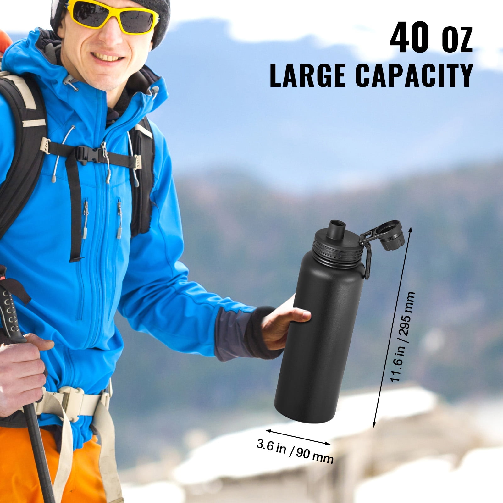 KFFKFF 40 oz Hydration Container, Stainless Steel Outdoor Adventure Water Flask with Broad Opening Cap, Athletic Coffee Mug Double Layered, Leak-Resistant, for In/Outdoor Activities, FDA Approved