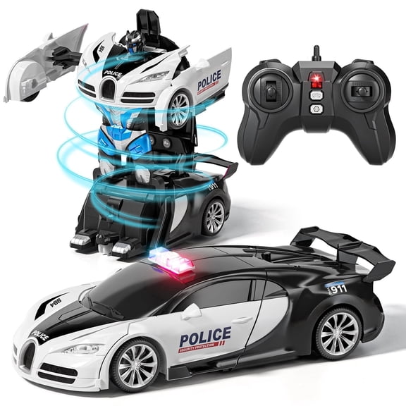 Remote Control Car - Transform Police Car Toy, One Button Deformation to Robot with Light, 2.4Ghz Remote Control Car with 360° Rotating, Police Car Toy for 3 6 Years Boys