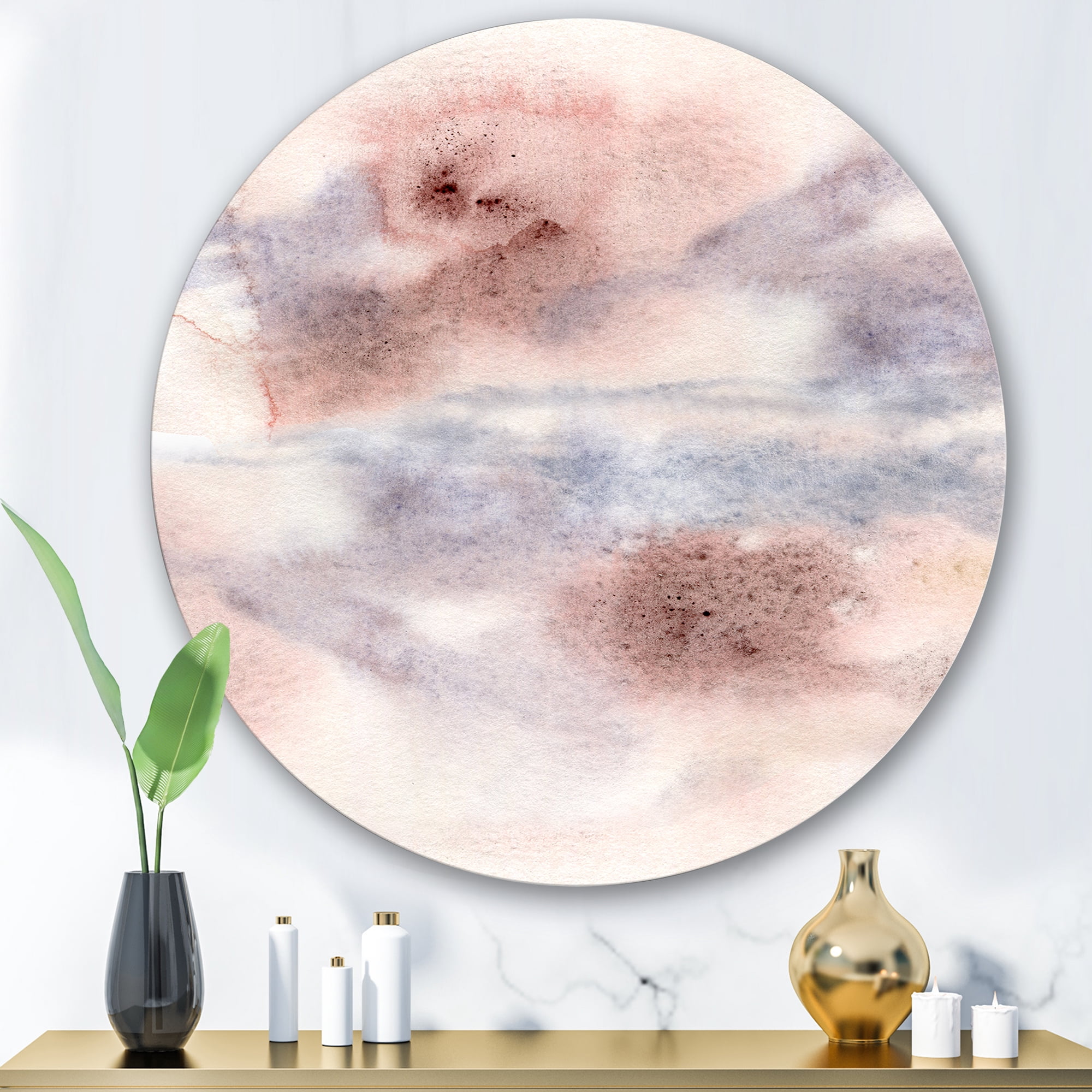 Designart 'Pastel Abstract With Gray Blue Pink and Red Spots' Modern Circle Metal Wall Art 36x36 - Disc of 36
