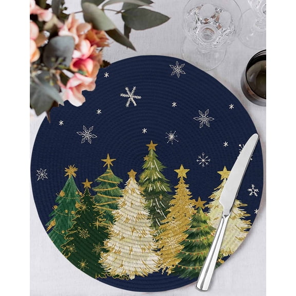 15 Inch Round Placemats Set of 6, Navy Blue Christmas Tree Non Slip Heat Insulation PP Table Mats, Xmas Tree Winter Snowflake Washable Place Mats for Kitchen Dining Party Table Decor