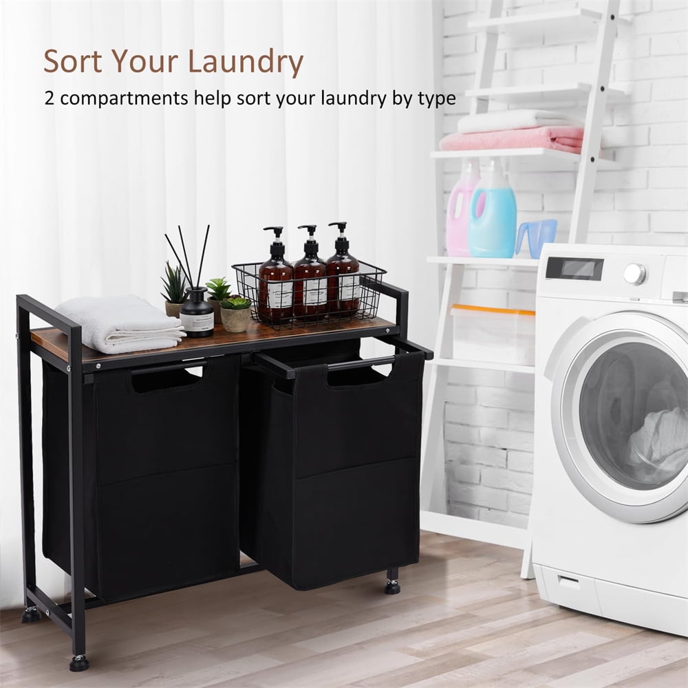Laundry Hamper with Shelf, Laundry Basket Section, Laundry Sorter, Cloest Storage and Organization, Clothes hamper with Table, for Bathroom, Bedroom, Restroom, Black