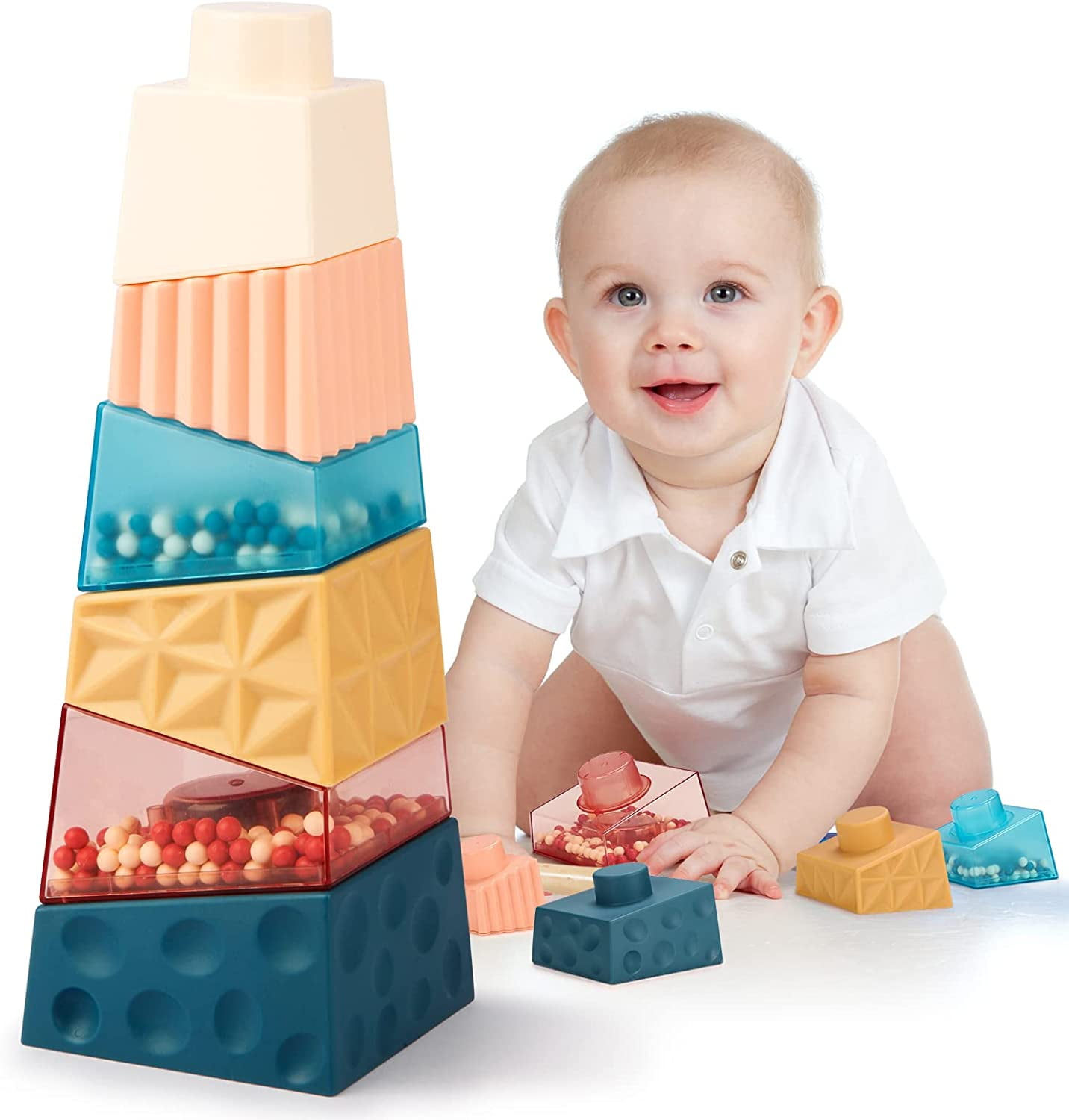 BCOOSS Toddler Montessori Toys for 1 Year Old  Irregular Square Sensory Stacking Building Blocks for Boys Girls Learning Educational Toys for 12-36 Months