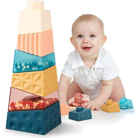 BCOOSS Toddler Montessori Toys for 1 Year Old Irregular Square Sensory Stacking Building Blocks for Boys Girls Learning Educational Toys for 12-36 Months