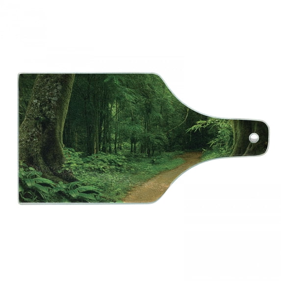 Tropical Cutting Board, Tropical Jungle Forest Trees Pathway Foliage Wilderness Nature Landscape Picture, Tempered Glass Cutting and Serving Board, Wine Bottle Shape, Green Brown, by Ambesonne