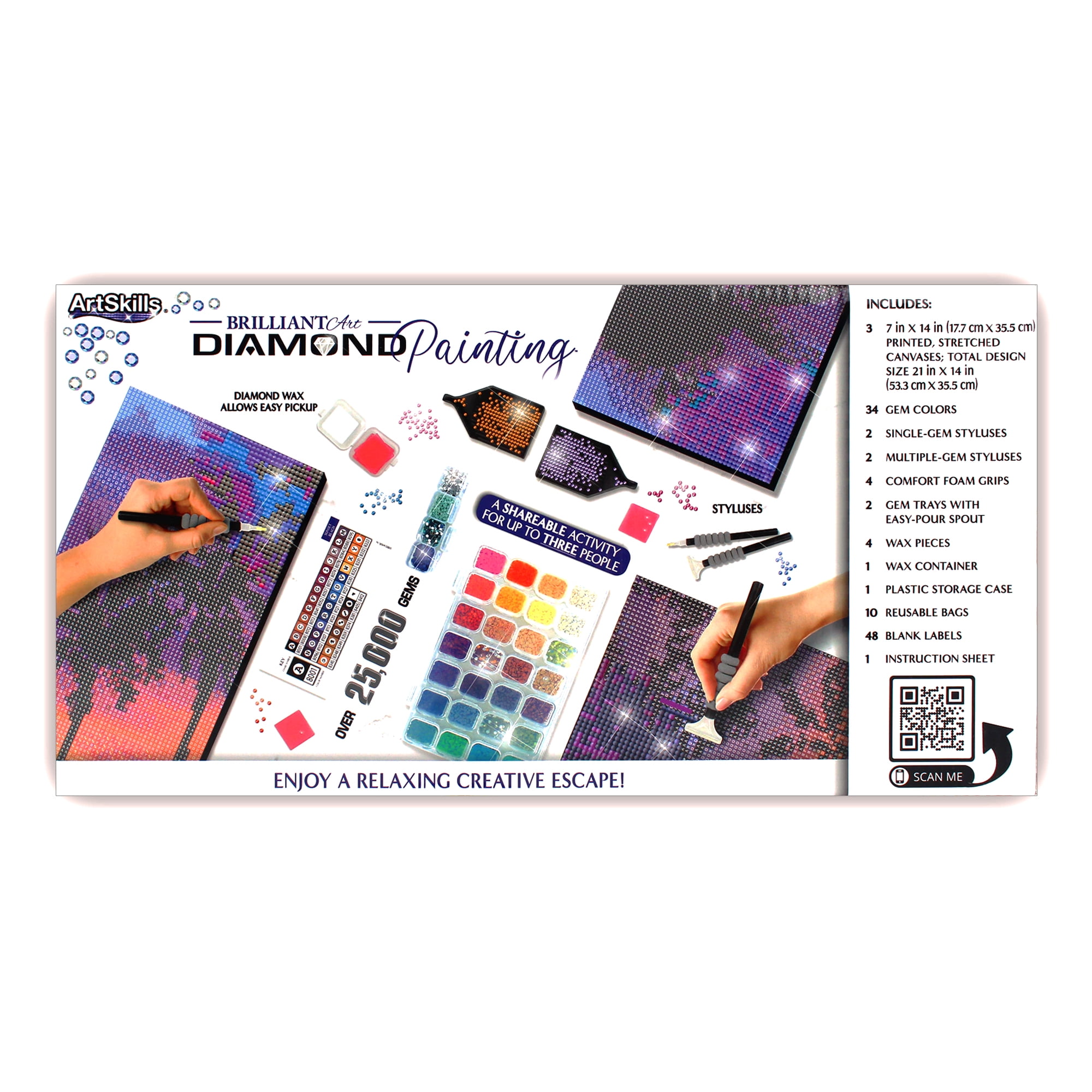 ArtSkills Diamond Painting Kit, Diamond Art Ready to Hang Framed Canvas with Storage and Accessory Kit, Beach, 3 Stretched Canvas Panels, 14” x 7” Each