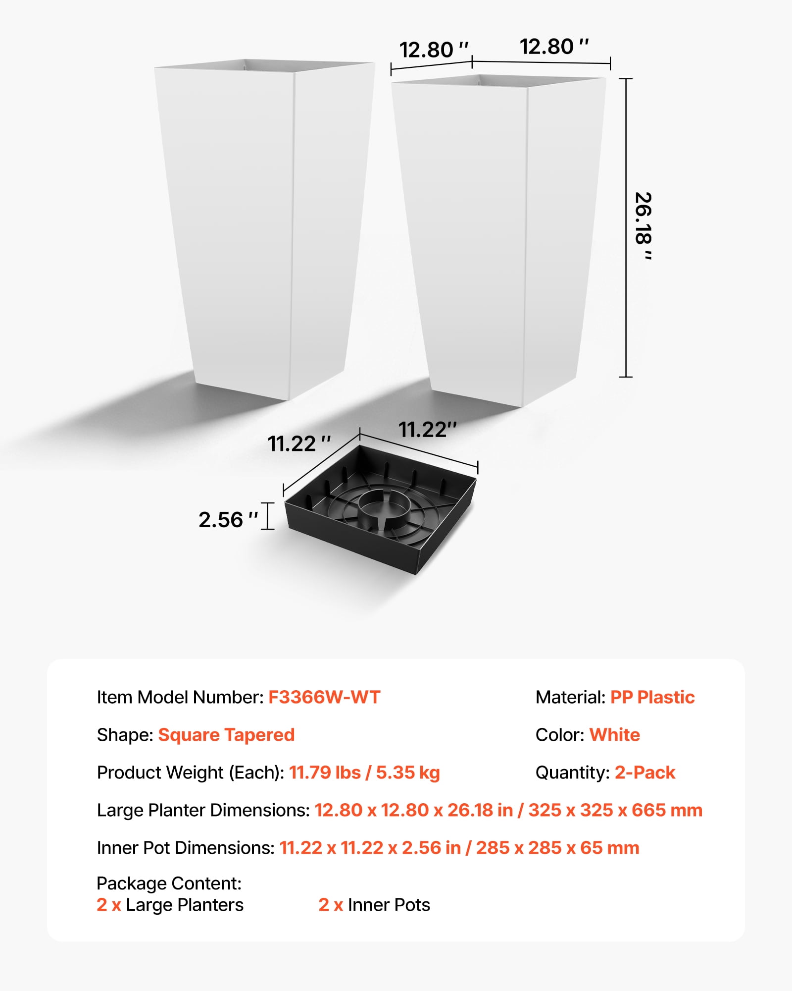 VEVOR Tall Planters Set of 2, 26 Inch Large Outdoor Taper Planters for Outdoor Indoor Plants, Front Porch Plastic Modern Flower Pots with Casters, Inner Pot & Drainage Holes for Patio, Garden, White