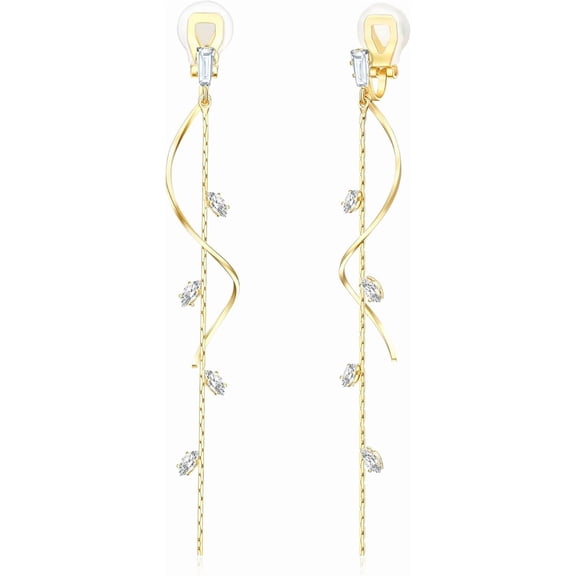 Clip on Earrings Non Pierced for Women - Long Tassel Drop Dangle Clip Earrings - Cubic Zirconia Leaf Earrings for Women Gold Wedding Jewelry Gifts