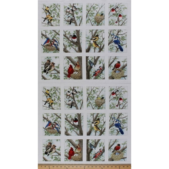 23.5" X 44" Panel Beautiful Birds Bird Nesting Bird-watching Nests Cotton Fabric Panel (4309-CREAM-PANEL)