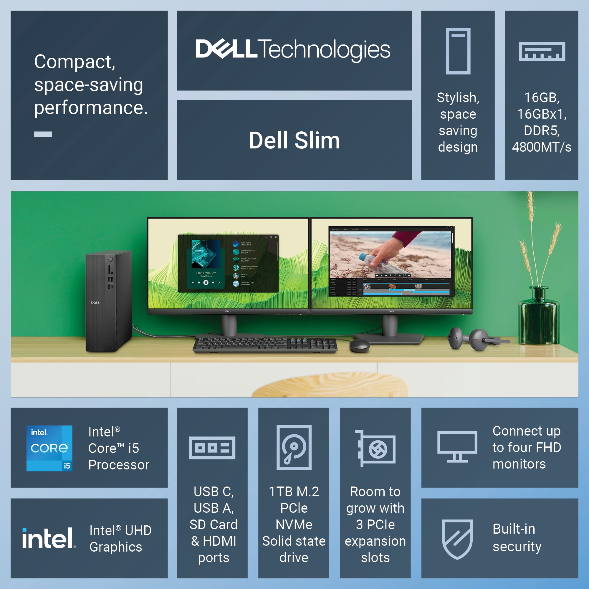 Dell Slim Desktop ECS1250 - Intel Core i5-14400, Intel UHD 730, 16GB DDR5 RAM, 1TB SSD, Black