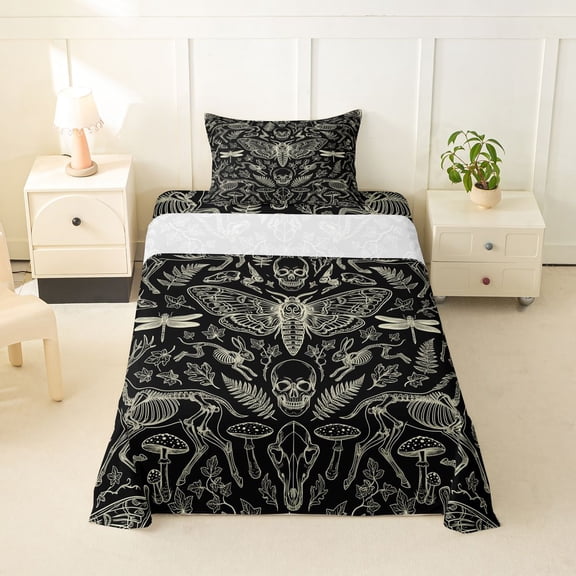 Homewish Skull Months Dragonflies Twin Sheets,Grunge Damask Bedding,Halloween Bed Set,3 Pieces,1 Fitted Sheet and 1 Pillowcase