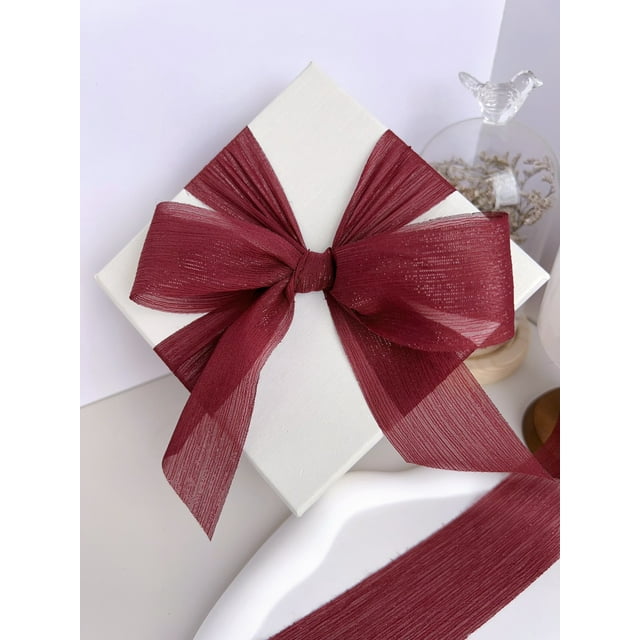 Firefly Hope 1 Rolls 1.5 Inch Chiffon Crinkle Silk Ribbon, Shining Handmade Fabric for Bow Decoration, Wedding Invitations & Crafts, Wine Red