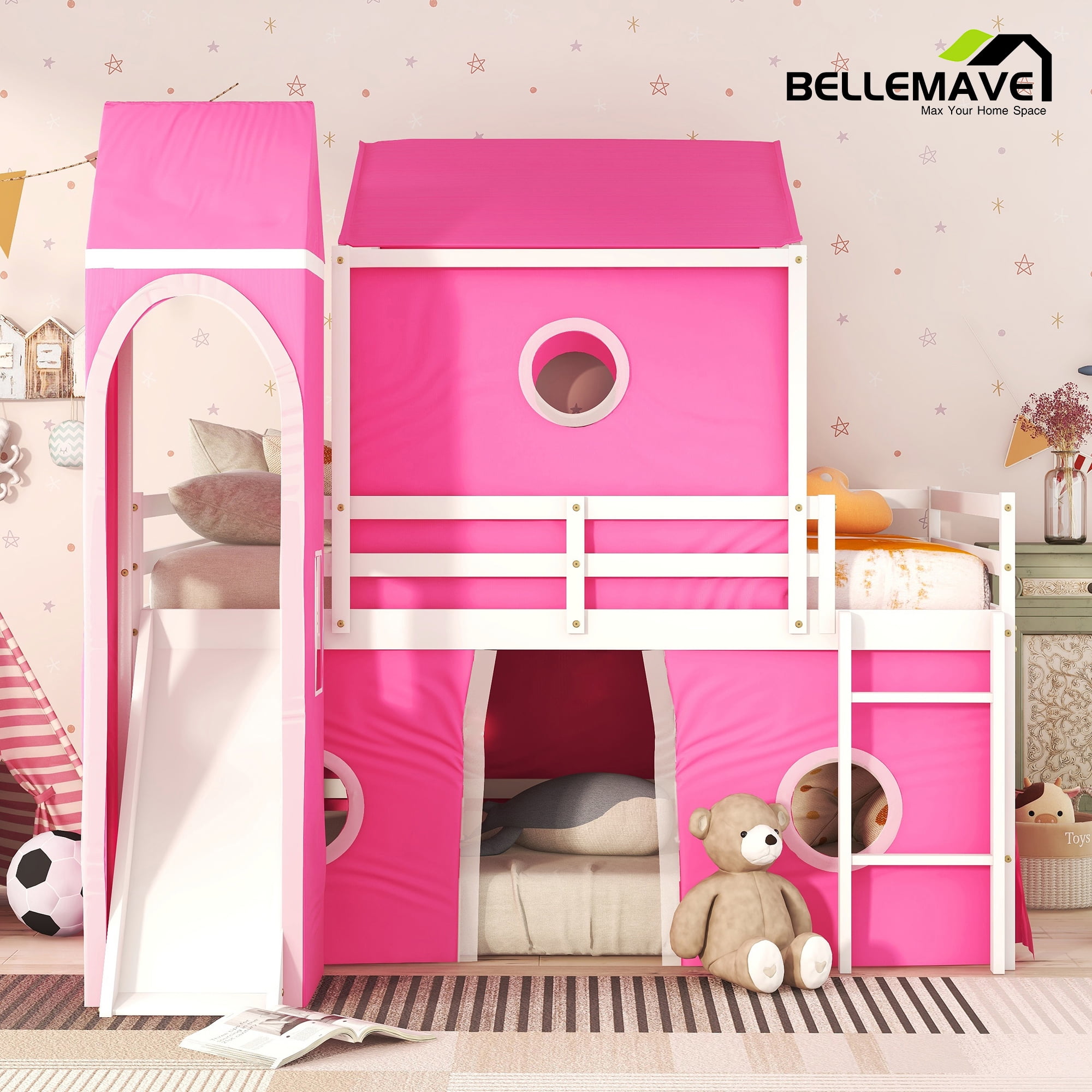 Bellemave Pink Full Size Wood Kids Bunk Bed with Slide, Tent and Tower