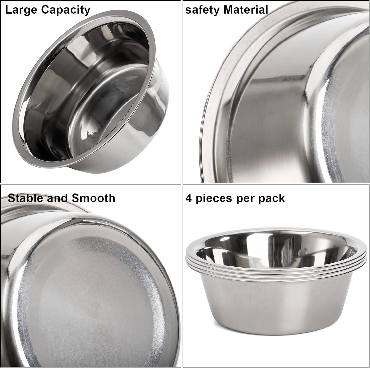 4-Pack Stainless Steel Dog and Cat Bowl, Metal Food and Water Dish, 8.26" Basic Pet Feed Bowl for Large Medium Dog, 47 OZ Replacement Bowls for Elevated Stand, Dishwasher Safe