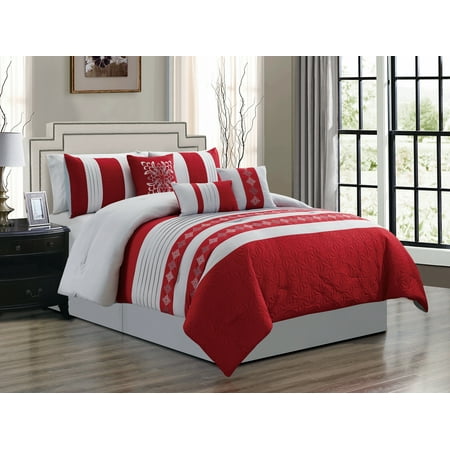 7-Pc Lumi Star Hexagram Diamond Floral Damask Embroidery Pleated Embossed Comforter Set Light Gray Silver Red King