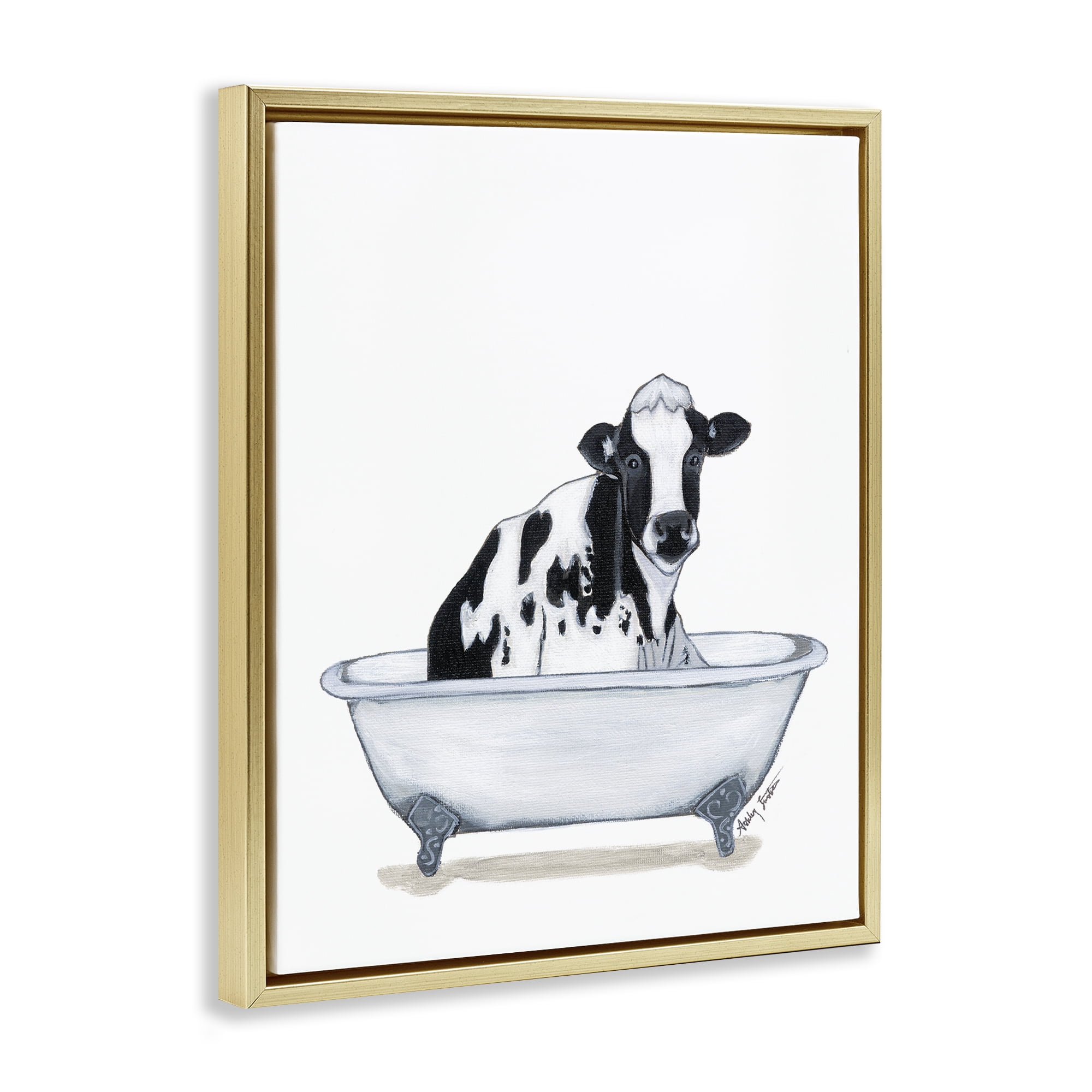 Stupell Industries Cow in Tub Sketch Bath & Laundry Painting Gold Floater Framed Canvas Art Print Wall Art, 17 x 21