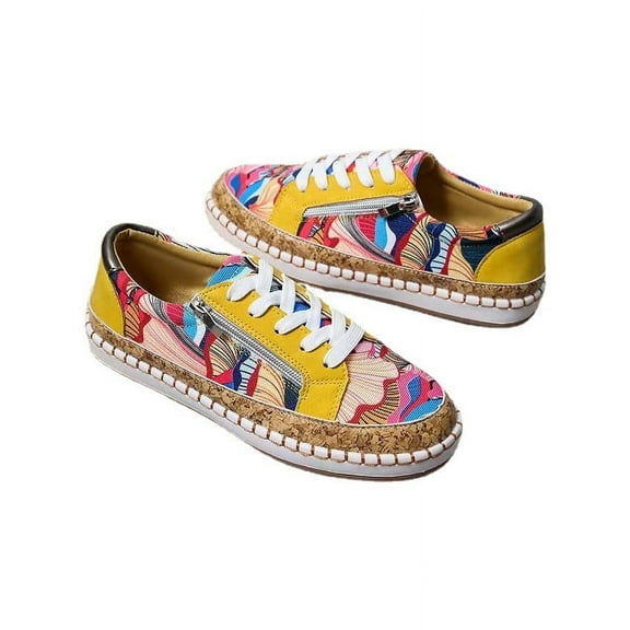 asdoklhq Flat Shoes for Women Clearance Under $10,Casual Lace-up Zipper Design Colorful Printed Platform Casual Sneakers