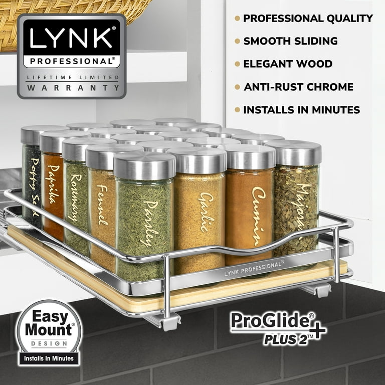 Lynk Professional Slide Out Wood Cabinet Organizer, 11 W x 21 D, Chrome & Wood