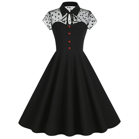 Women s Collared Vintage Long Dress Floral Lace Mesh Patchwork Short Sleeve Button Corset Tunic 50s Party Gowns (Medium  Black)