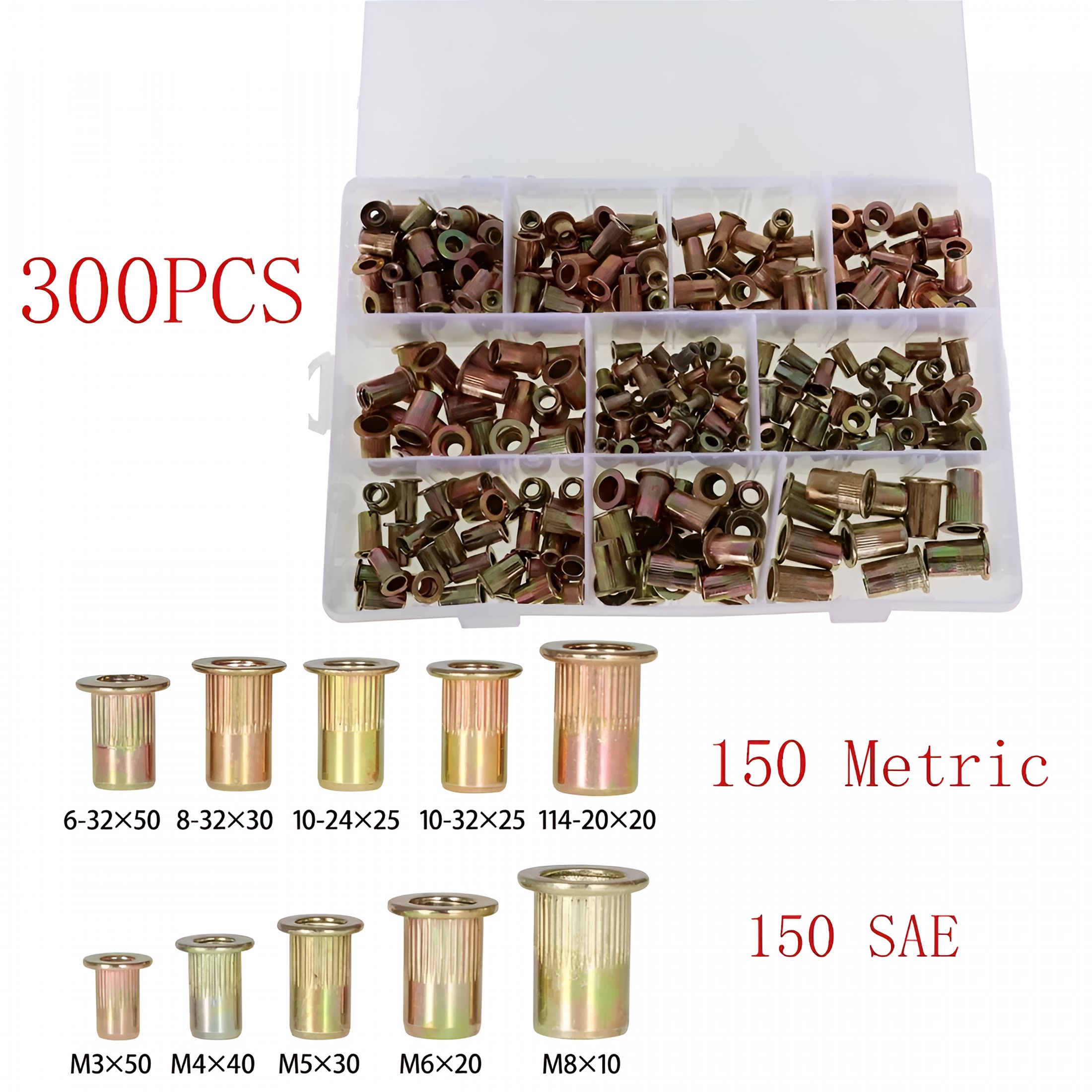 TALENO 300Pcs Zinc Steel Rivet Nut Rivnut Nutsert Assort, 150 Pcs SAE & 150 Pcs Metric Rivet Nuts