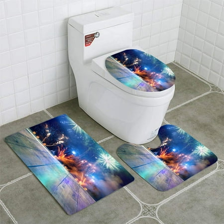 GOHAO Firework Display Behind Wooden Floor for Celebration Events 3 Piece Bathroom Rugs Set Bath Rug Contour Mat and Toilet Lid