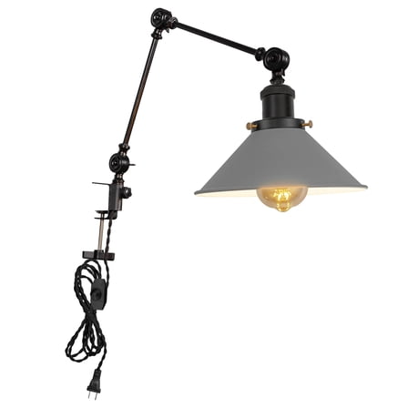 Kiven Dimmable Clip-on Desk Lamp, 1-Light Iron Modern Nightstand Lamp with Flexible Swing Arm, 8.2FT Plug in Cord, Decorative Clamp Lamp for Office Desk Bookshelf Cabinet E26 Sokcet,Grey