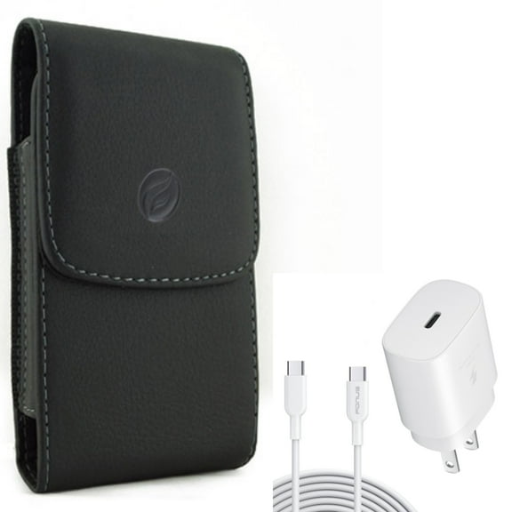 PD Type-C 25W Fast Home Charger w Leather Case Belt Clip for Samsung Galaxy A73 5G,A13 5G,A03s Phones - 6ft USB-C Cable Quick Power Adapter, Holster Cover Pouch Vertical