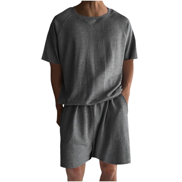 Conjunto de Pantalones Cortos Deportivos para Hombres, Cuello Redondo de Manga Corta de Moda para el Desgaste Casual Y de Playa, Traje de Poliéster Suave