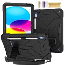 ELEHOLD Hybrid Rugged Case for iPad 10th Generation 10.9" 2022, Heavy Duty Shockproof Case with Hidden Foldable Kickstand Adjustable Crossbody Shoulder Strap Pencil Holder,Black