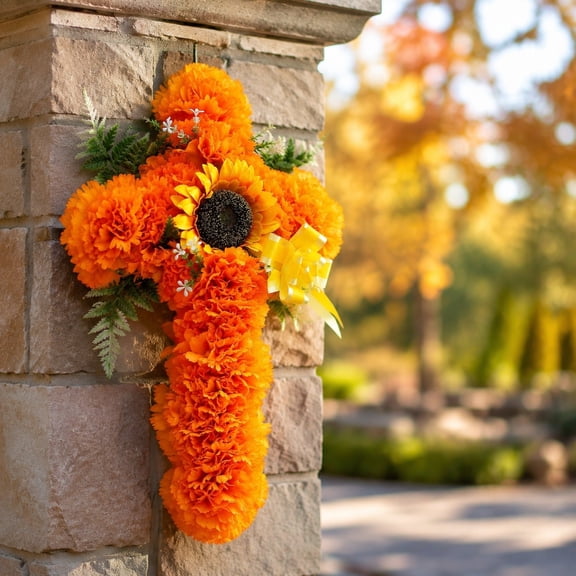 Artificial Marigold Cross Decor,Thanksgiving Halloween Day of The Dead Wall Hanging for Farmhouse,Yard,Doorway,Home Decor,17.7x11.8 in