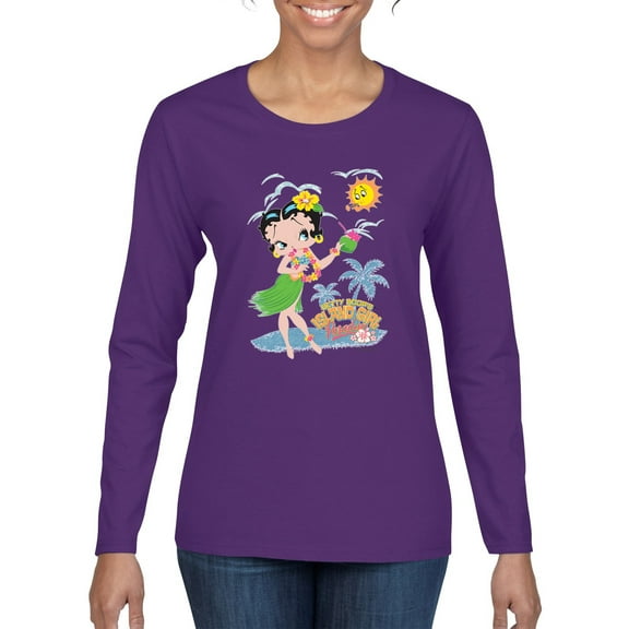 Wild Bobby, Betty Boop Island Girl Paradise Betty Boop Womens Long Sleeve T-Shirt, Purple, Large
