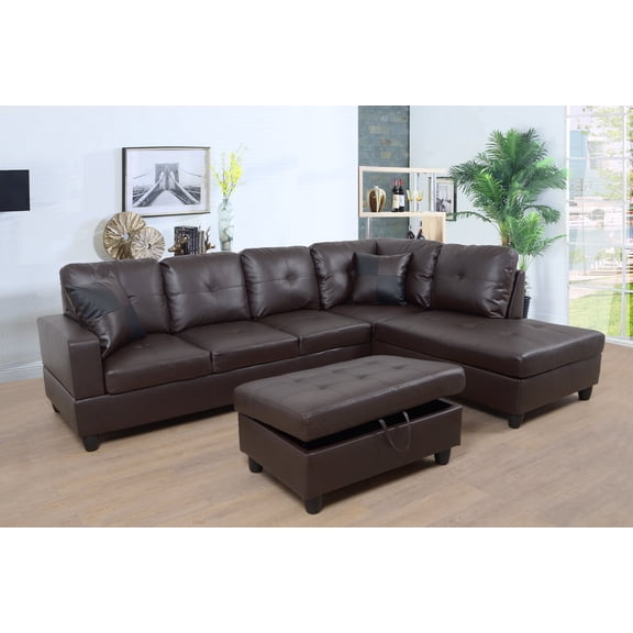 Golden Furniture 3PCS L Shape Faux Leather Sectional Sofa Set, Living Room Sofa Set with Storage Ottoman and Matching Pillows