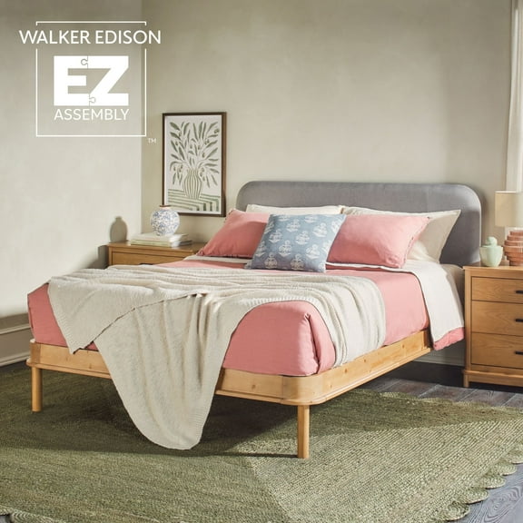 Walker Edison Contemporary Wood Queen Bed with Curved Upholstered Headboard - English Oak/Grey