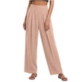 thumbnail image 3 of ZVAVZ Cotton Gauze Pleated Pants for Women High Waist Beach Baggy Pants Solid Straight Wide Leg Vacation Pants Pink XXL, 3 of 6