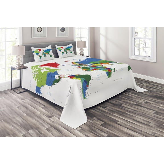 World Map Coverlet Set Queen Size, Colorful Political Map Borders Between Countries Different Nations and Cultures, Quilted 3 Piece Decor Bedspread Set with 2 Pillow Shams, Multicolor, by Ambesonne