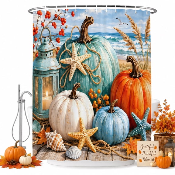 Coastal Fall Shower Curtain, Vintage Summer Coastal Pumpkin Starfish Seashell Waterproof Shower Curtain Set with 12 Hooks Lightweight Bath Curtains Fabric Bathroom Decor 72x84 Inches