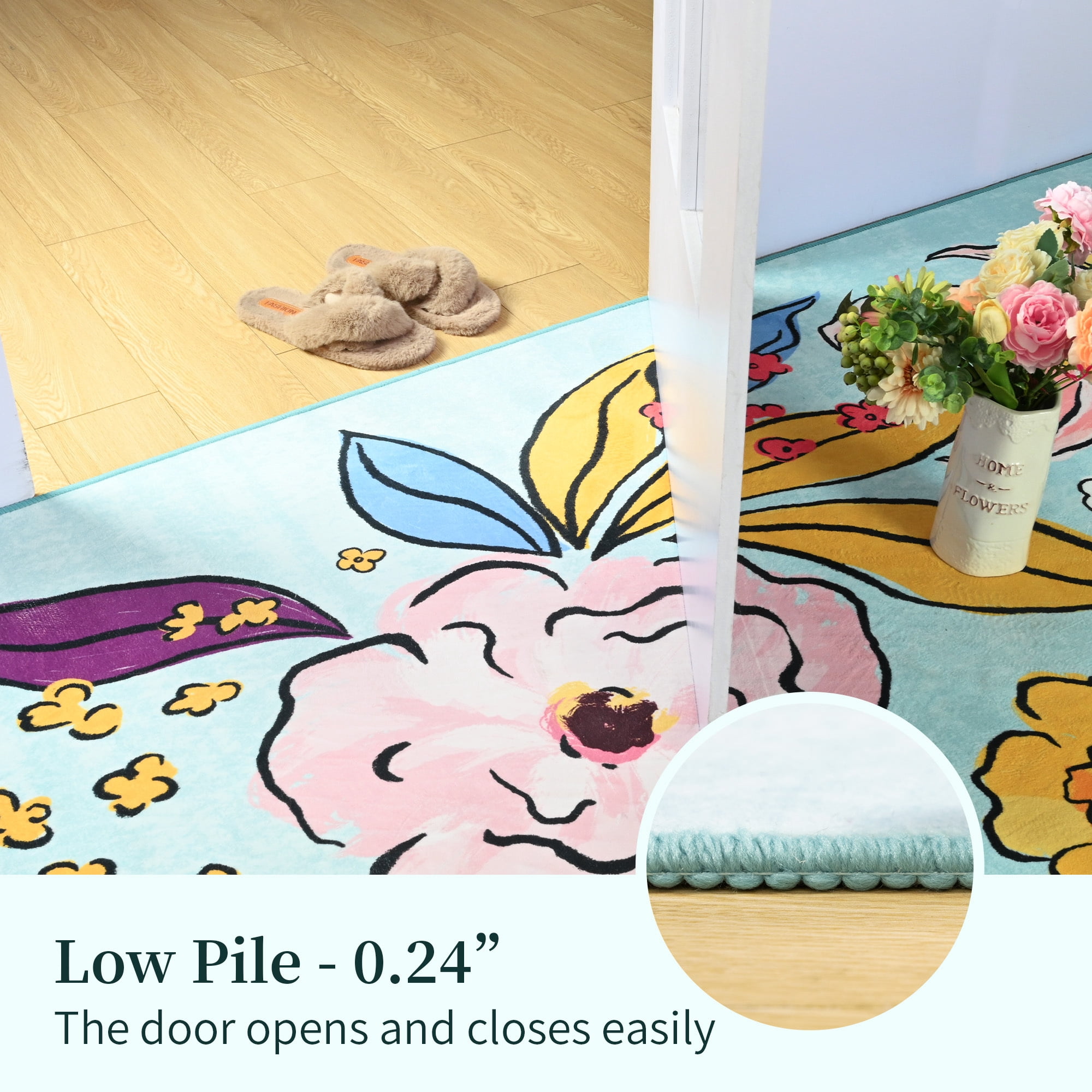 Wondo Washable Non-Slip 4x6 Floral Area Rug - Soft Green Low Pile Floor Carpet with Botanical Big Flower Design for Girls Bedroom, Living Room, Dining Room, Kids Classroom Office
