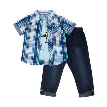 - Short Sleeve Plaid Poplin Button Up Shirt, Short Sleeve Graphic T-shirt & Knit Denim Joggers, 3pc Outfit Set (Baby Boys & Toddler Boys)