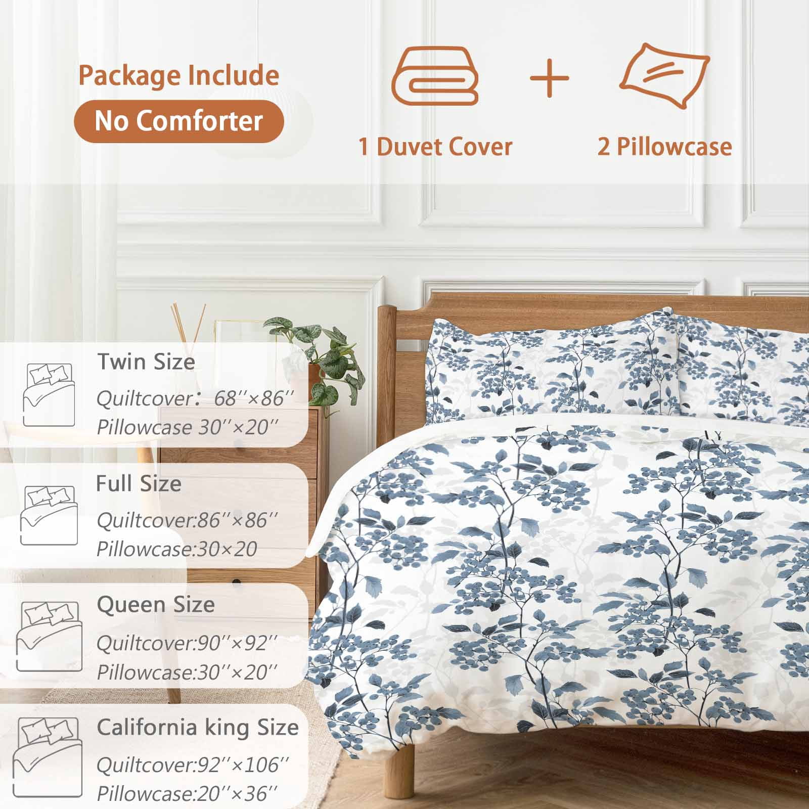 Blue Fruit Bedding 3 Piece Duvet Cover Set California King, Vintage Plant Nature Botanical Flower Floral Soft Microfiber Comforter Cover with Zipper Closure & Pillowcases, FadeResistant Quilt Cover