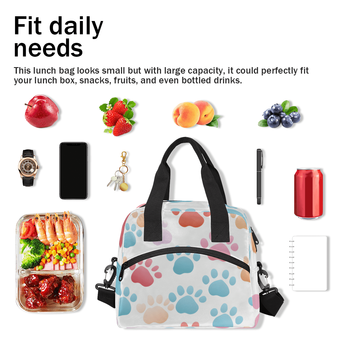 Herdesigns Dog Paw Print Insulated Lunch Bag for Women Men Adults Large Reusable Lunch Box Cute Animal Dog Paw Print Leakproof Cooler Tote Bags with Adjustable Shoulder Strap