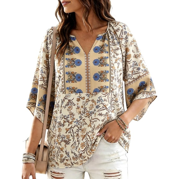 DEXIO Blouses for Women Summer Bohemian 3/4 Sleeve Shirts V Neck Flowy Casual Pleated Tops