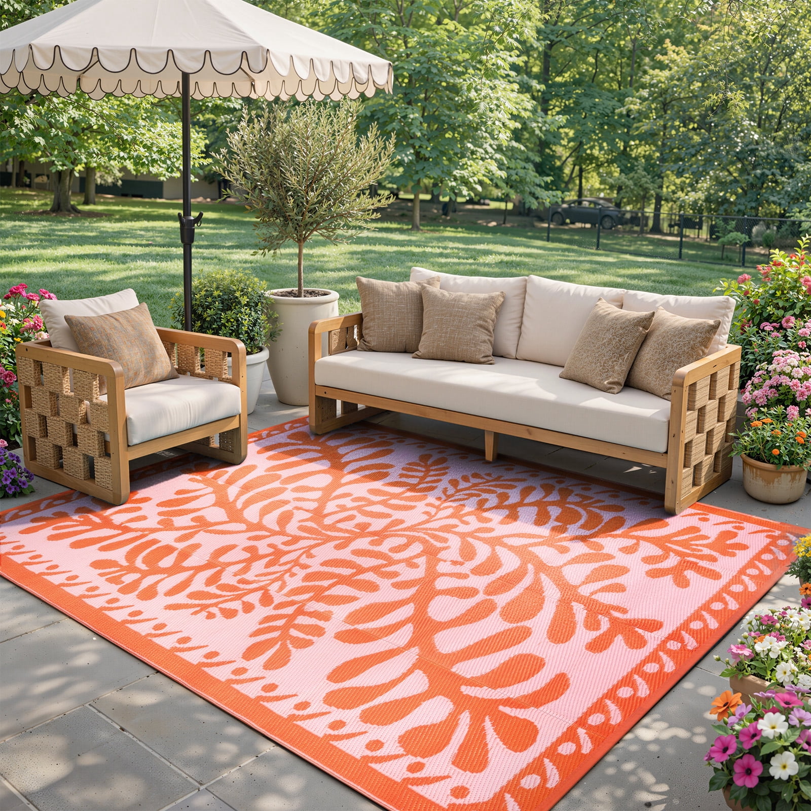 SUNDEREY 8’X10’Outdoor Rug for Patio,Waterproof Beach Mats, Seaweed Pattern Plastic Straw Outdoor Rugs for RV Patio Deck Beach Porch Backyard,Orange