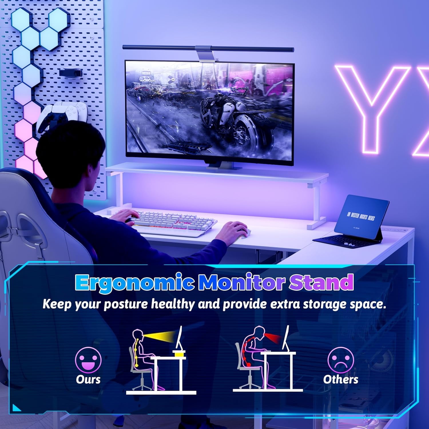 FANRAL L Shaped Computer Gaming Desk with Monitor Stand,LED Light & USB Power Outlet,Reversible Shelves Corner Desk with Keyboard Tray for Home Office Study,White Computer Desk