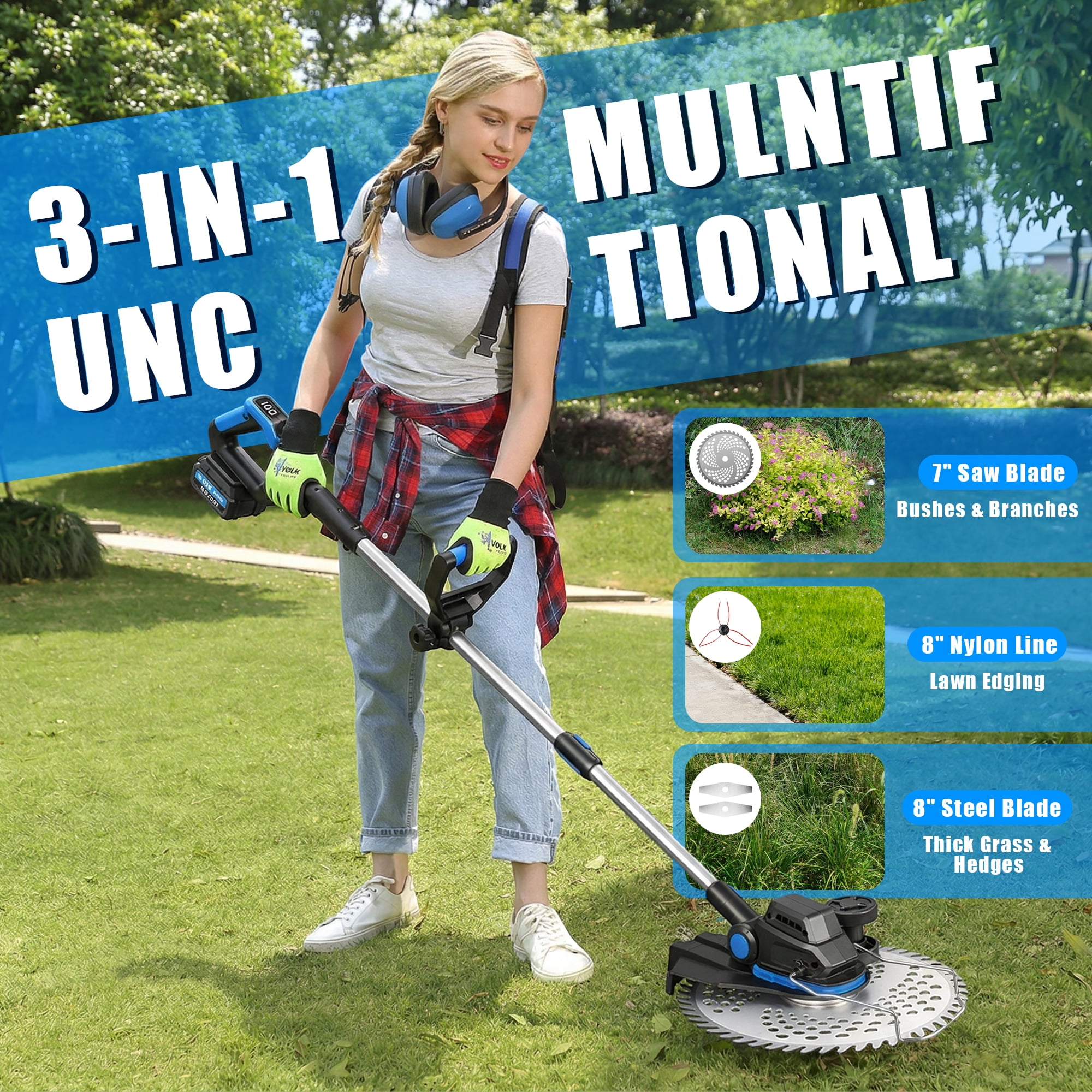 Cordless Electric Weed Wacker with 2 × 4.0Ah Batteries, Brushless Weed Eater, 3-in-1 Grass Trimmer & Lawn Mower, Multi-Functional Garden Tool