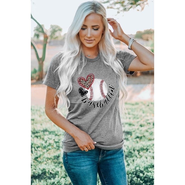 ABPHQTO Camiseta gris con estampado de corazón de leopardo Baseballin' para mujer