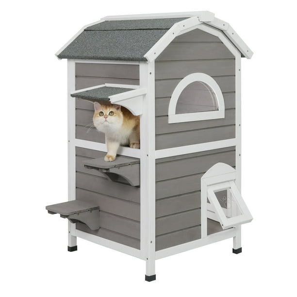 PetsCosset Cat House Outdoor with View Door Two Removable Floor, Feral
