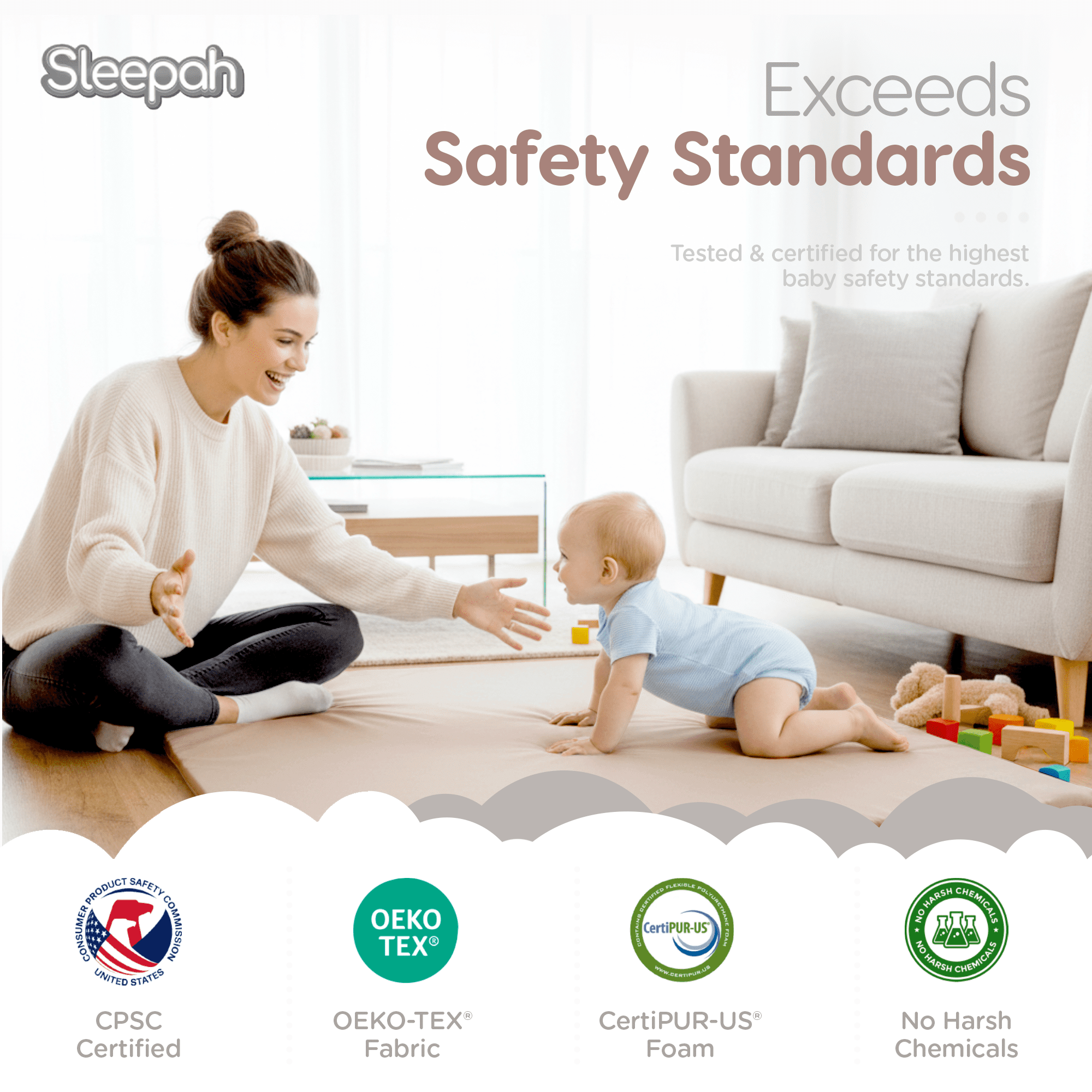 Sleepah Baby Play Mat for Floor 50" x 50" – Waterproof Vegan Leather Tummy Time Mat – Easy to Clean with Removable Cover – Foam Support with Non-Slip Bottom for Infant, Kids & Toddler Crawling - Tan