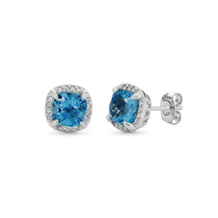 Cushion Cut Blue Topaz Earrings - Sterling Silver Cushion Cut Blue Topaz Halo Stud Earrings